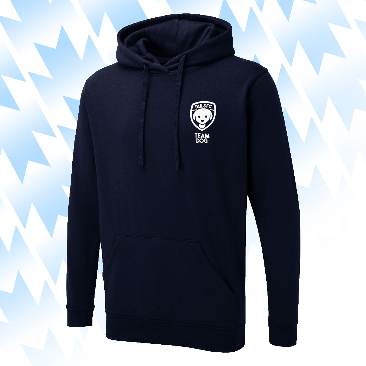 Tails FC Navy Blue hoodie with Team Dog logo on a light blue background