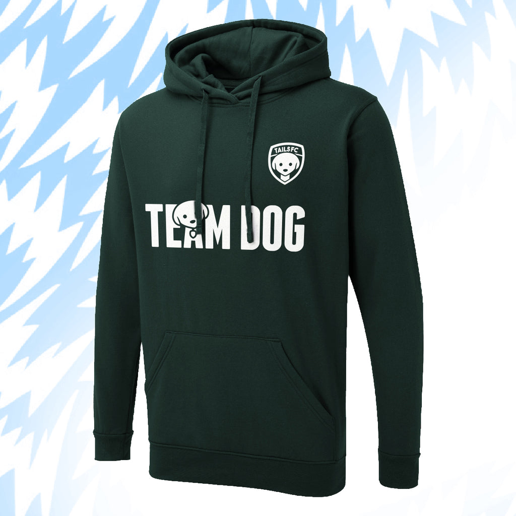 Tails FC Green hoodie with 'Team Dog' text and logo on a light blue background