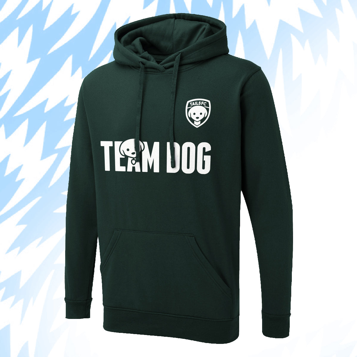Tails FC Green hoodie with 'Team Dog' text and logo on a light blue background