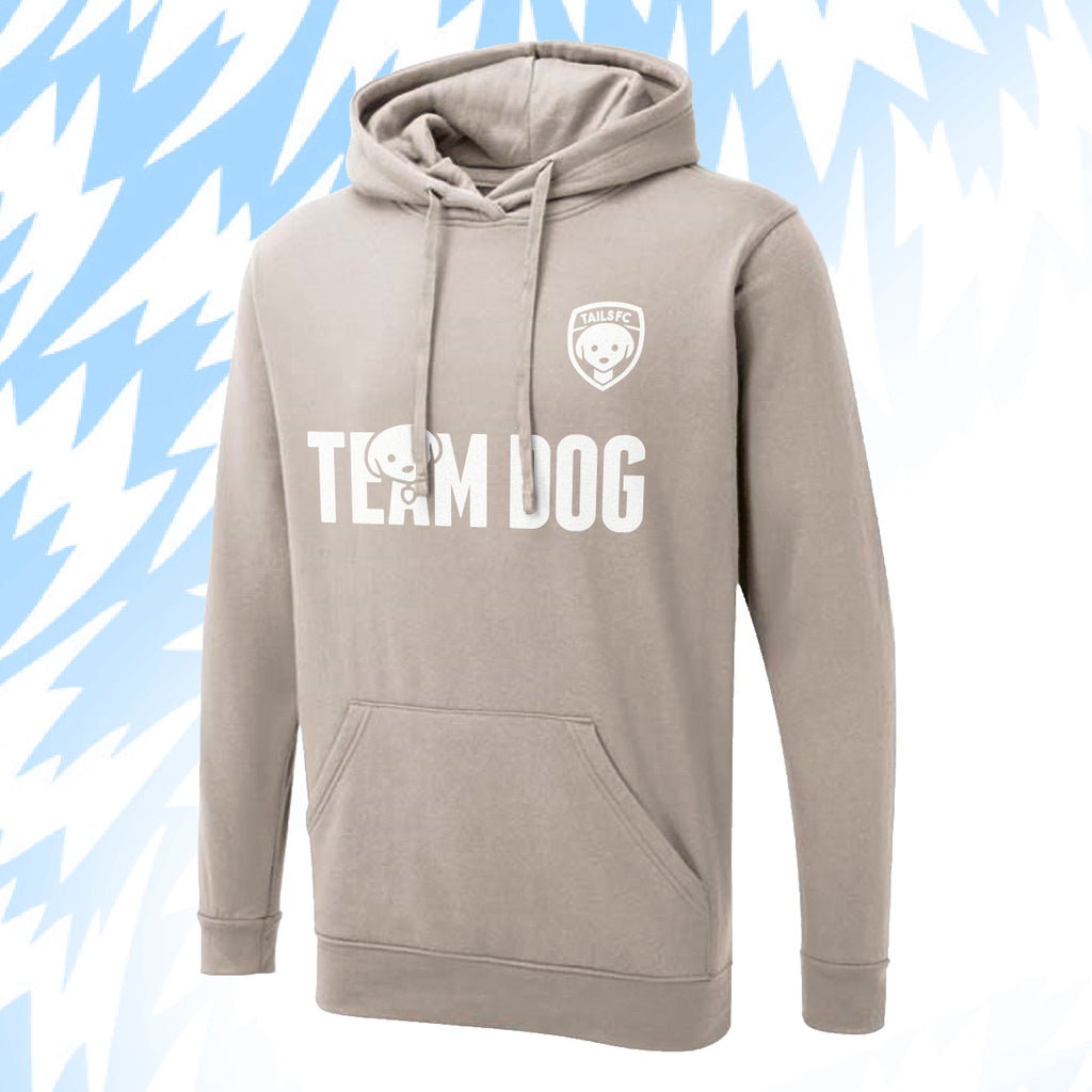 Tails FC Beige hoodie with 'Team Dog' text and logo on a blue abstract background