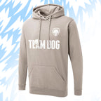 Tails FC Beige hoodie with 'Team Dog' text and logo on a blue abstract background