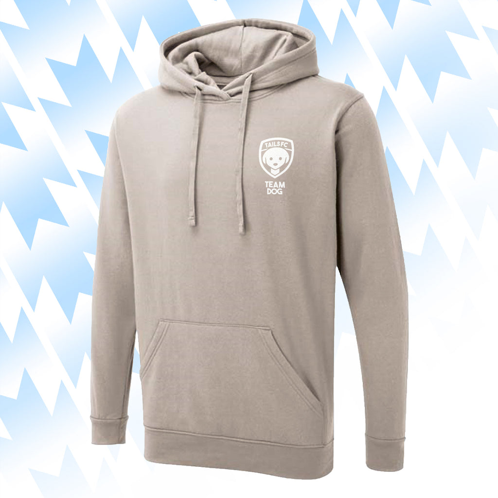 Tails FC Beige hoodie with Team Dog logo on a light blue background