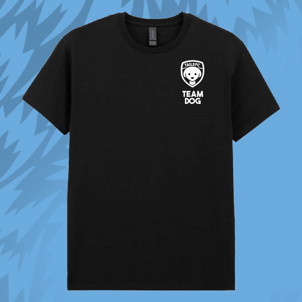 Tails FC Black t-shirt with 'Team Dog' logo on a blue background