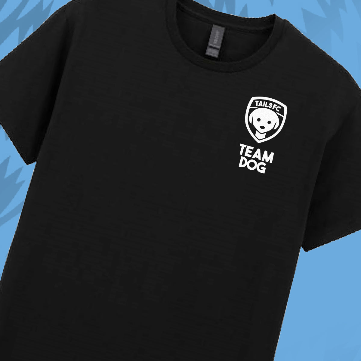 Black t-shirt with 'TAILSFC TEAM DOG' logo on a blue background