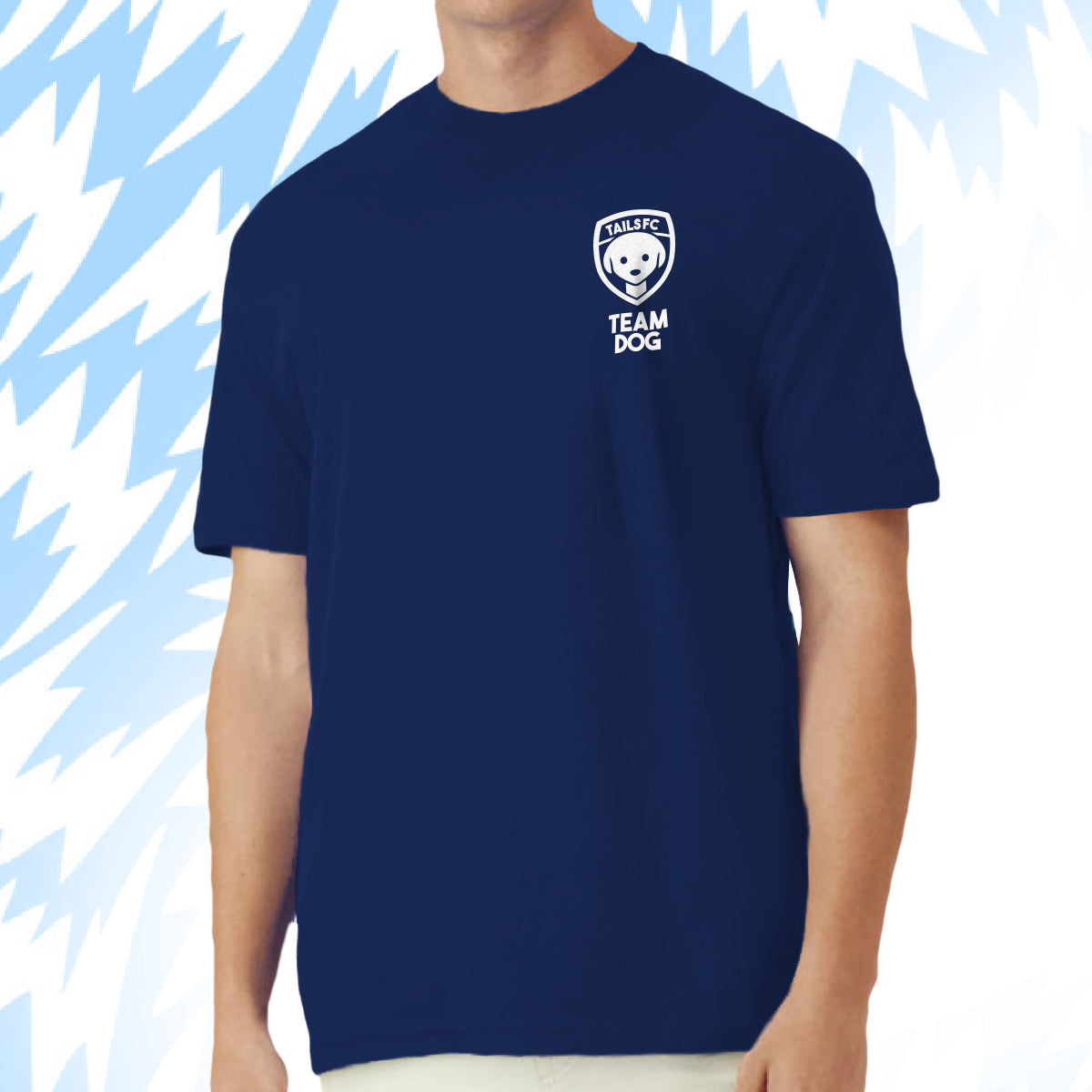 Tails FC Navy blue t-shirt with Team Dog logo and text on a light blue background