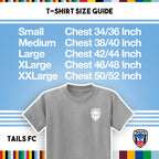 T-shirt size guide with TAILS FC branding on a blue background
