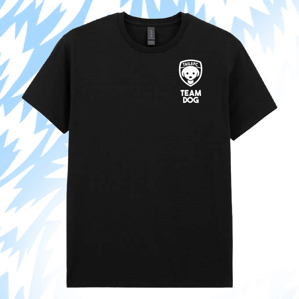 Tails FC Black t-shirt with 'Team Dog' logo on a light blue background