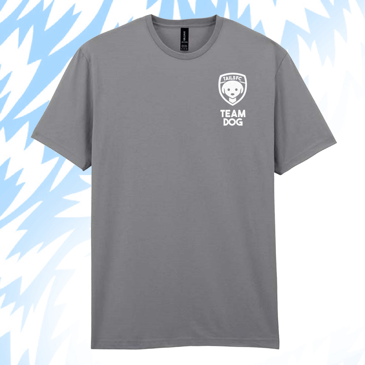 Tails FC Gray t-shirt with 'Team Dog' logo on a light blue background
