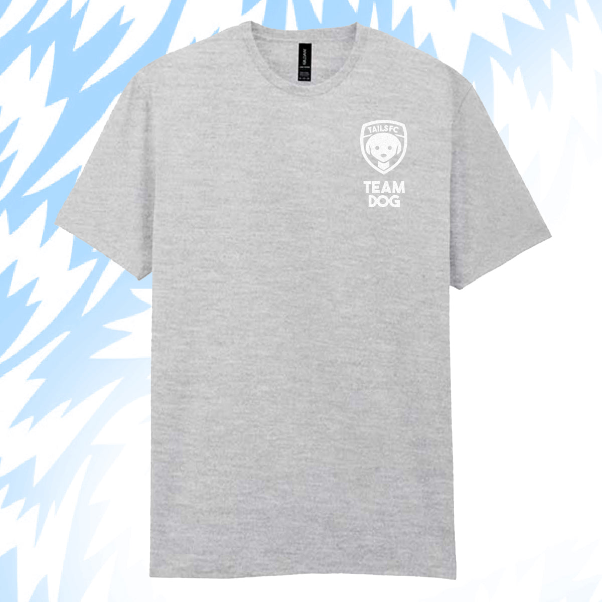 Tails FC Gray t-shirt with 'Team Dog' logo on a blue and white abstract pattern background