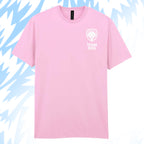 Tails FC Pink t-shirt with 'Team Dog' logo on a blue and white abstract background