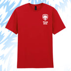 Tails FC Red t-shirt with 'Team Dog' logo on a light blue background