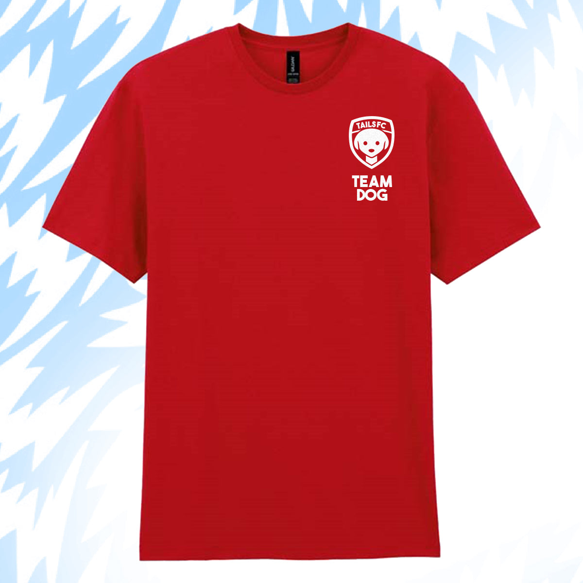 Tails FC Red t-shirt with 'Team Dog' logo on a light blue background