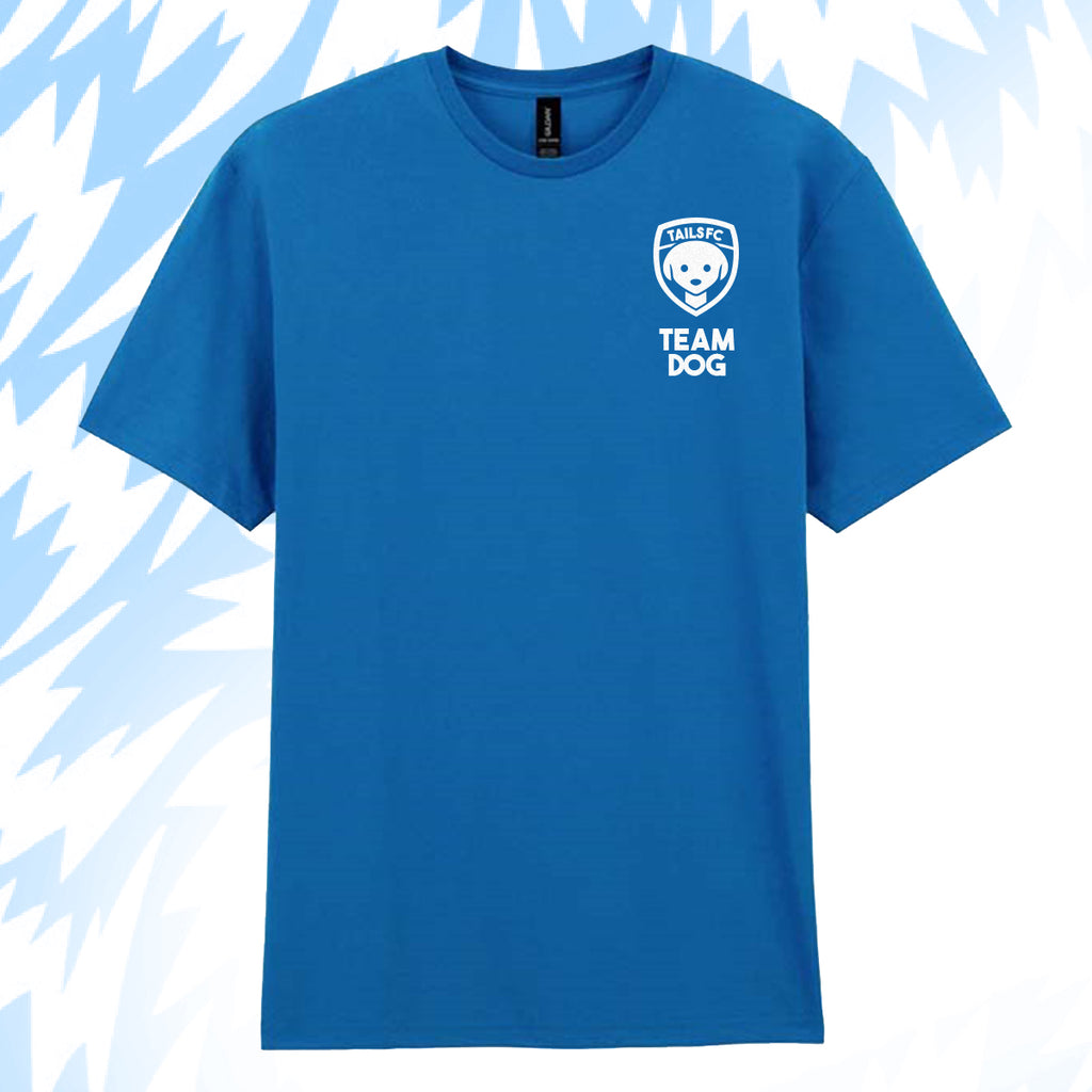 Tails FC Blue t-shirt with 'Team Dog' logo on a light blue background
