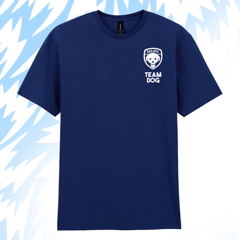 Tails FC Navy blue t-shirt with 'Team Dog' logo on a light blue background