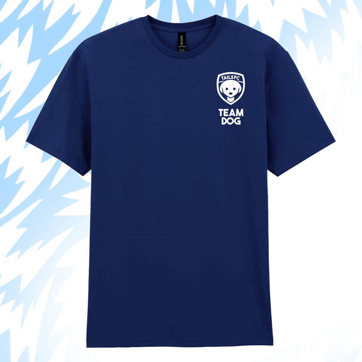 Tails FC Navy blue t-shirt with 'Team Dog' logo on a light blue background