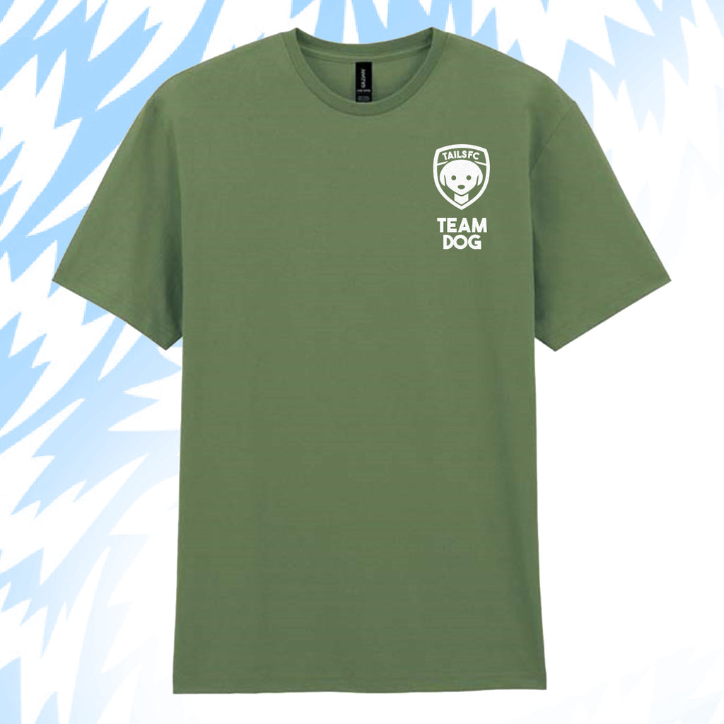 Tails FC Green t-shirt with 'Team Dog' logo on a light blue background