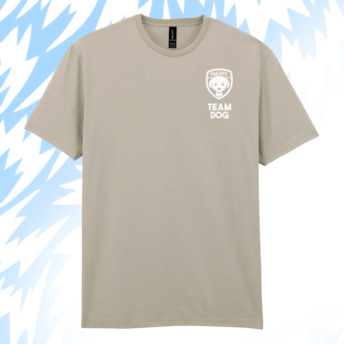 Tails FC Beige t-shirt with 'Team Dog' logo on a light blue background