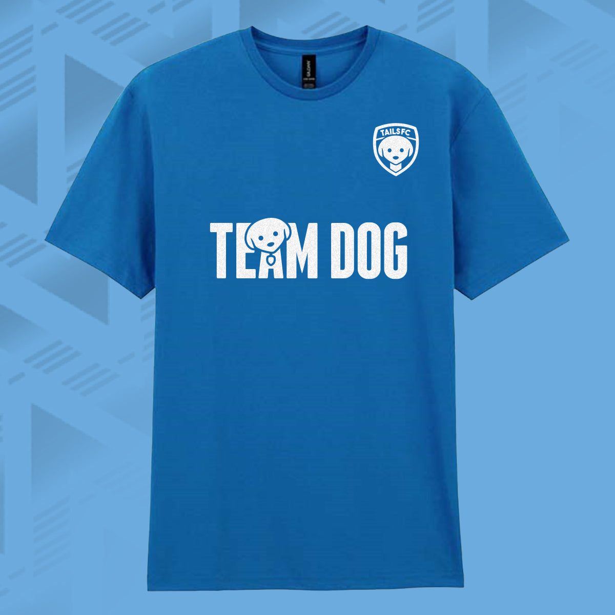 Tails FC Blue t-shirt with 'Team Dog' text and logo on a blue background