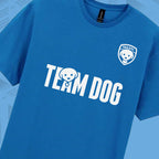 Tails FC Blue t-shirt with 'TEAM DOG' text and logo on a light blue background