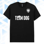 Tails FC Black t-shirt with 'Team Dog' text and logo on a blue geometric patterned background