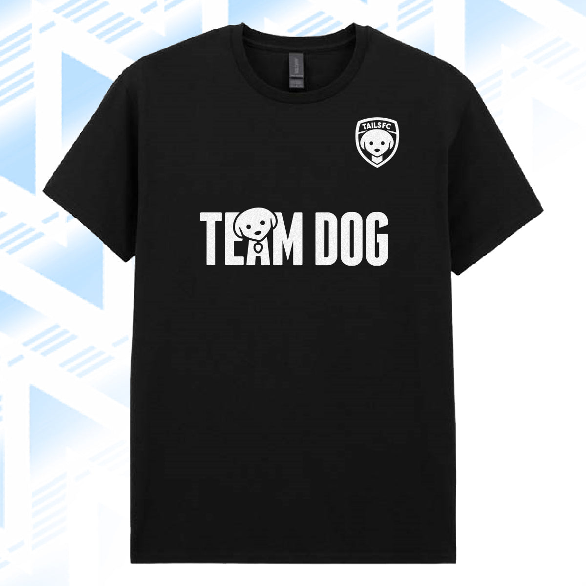 Tails FC Black t-shirt with 'Team Dog' text and logo on a blue geometric patterned background