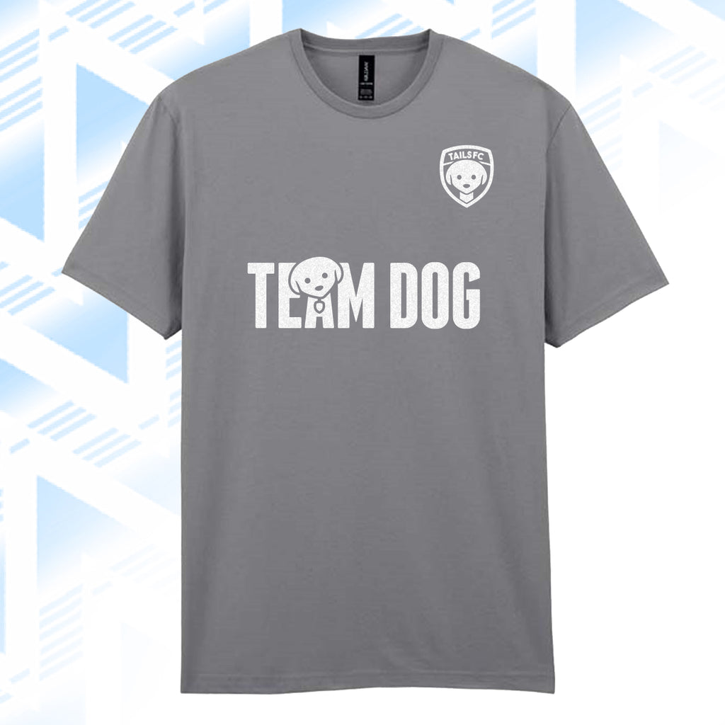 Tails FC Gray t-shirt with 'Team Dog' text and logo on a light blue geometric pattern background