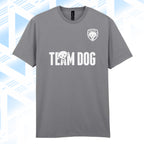Tails FC Gray t-shirt with 'Team Dog' text and logo on a light blue geometric pattern background