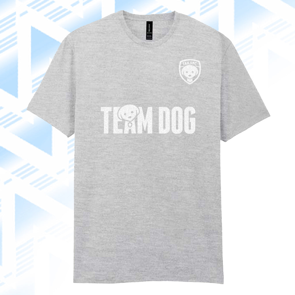 Tails FC Gray t-shirt with 'Team Dog' text and logo on a light blue geometric pattern background