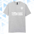 Tails FC Gray t-shirt with 'Team Dog' text and logo on a light blue geometric pattern background