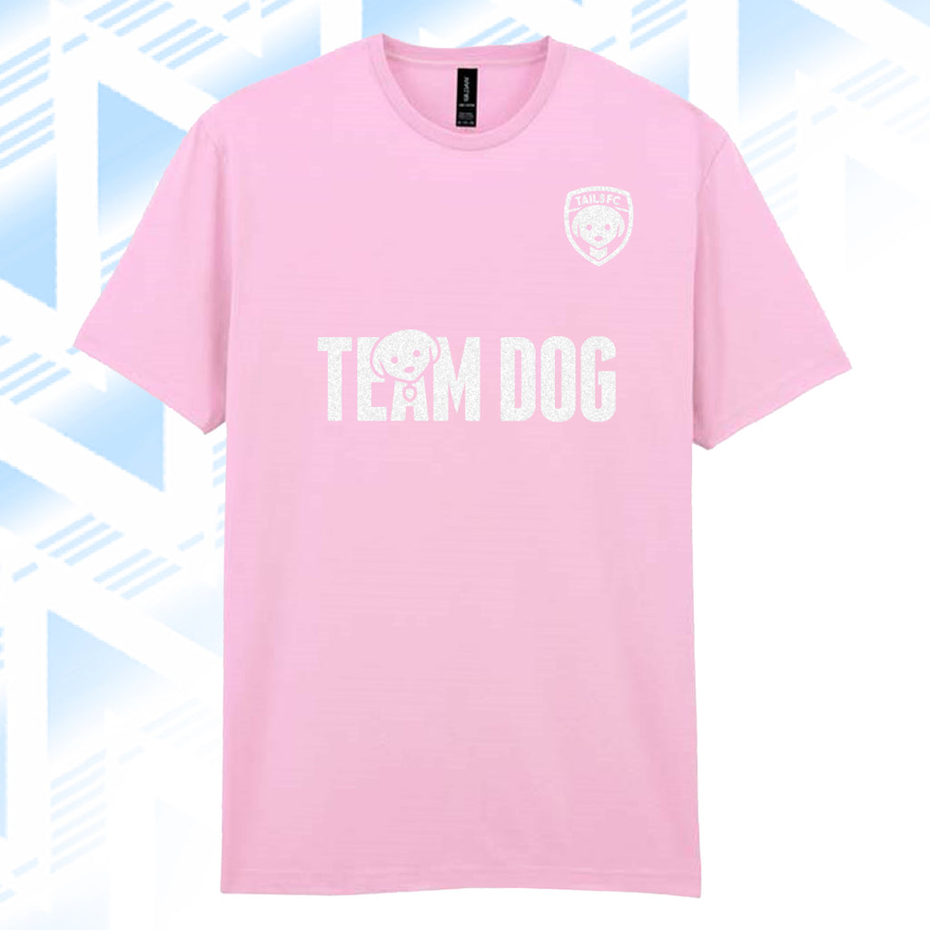 Tails FC Pink t-shirt with 'Team Dog' text on a blue geometric patterned background