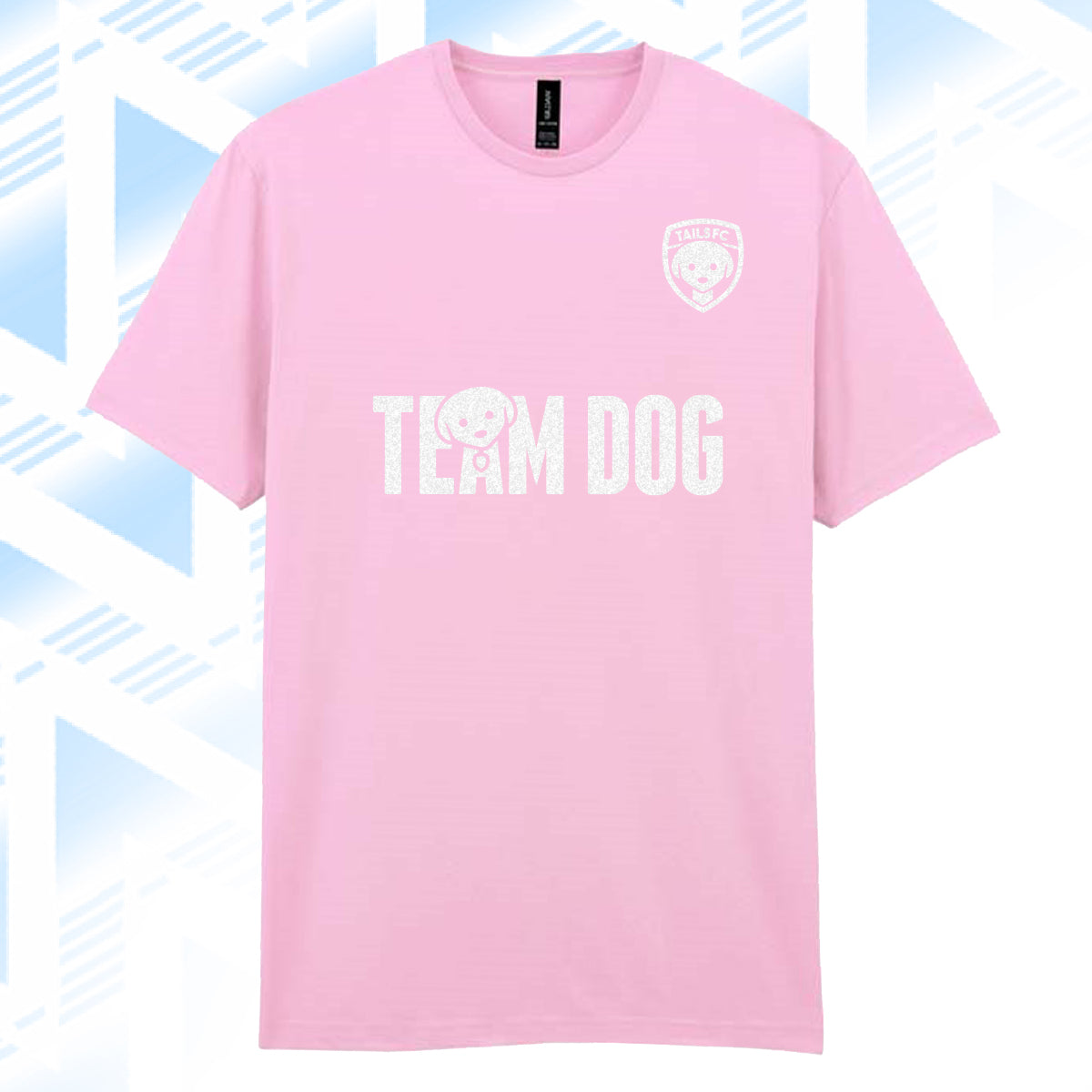 Tails FC Pink t-shirt with 'Team Dog' text on a blue geometric patterned background