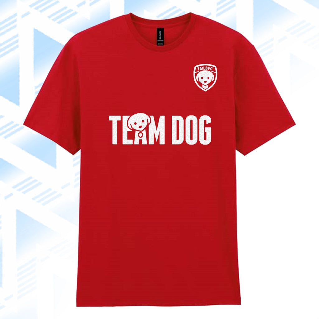 Tails FC Red t-shirt with 'Team Dog' text and logo on a blue and white abstract background