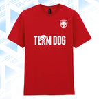 Tails FC Red t-shirt with 'Team Dog' text and logo on a blue and white abstract background