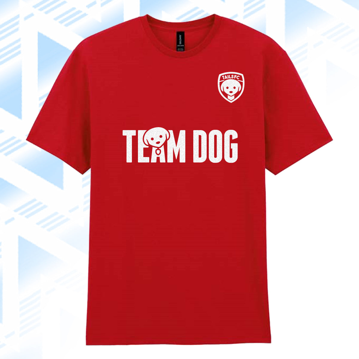 Tails FC Red t-shirt with 'Team Dog' text and logo on a blue and white abstract background