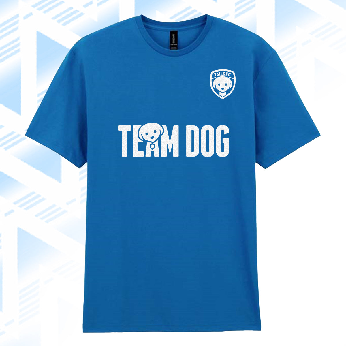 Tails FC Blue t-shirt with 'Team Dog' text and logo on a light blue geometric pattern background