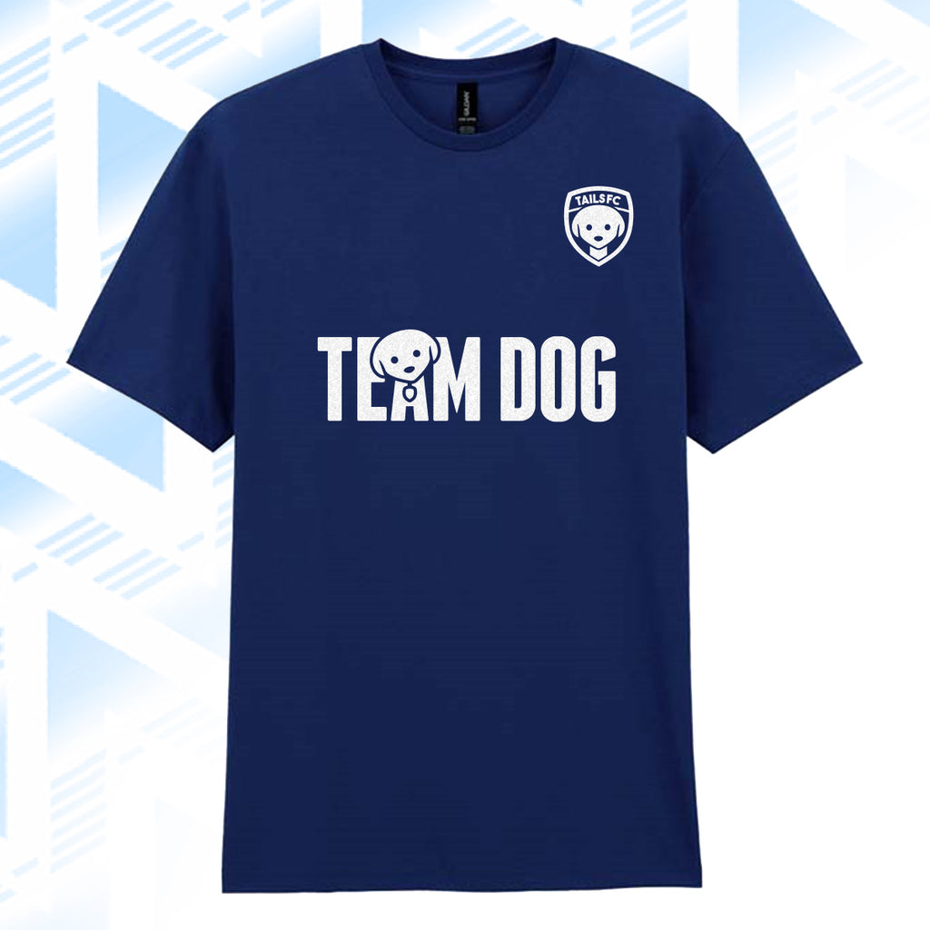 Tails FC Navy blue t-shirt with 'Team Dog' text and logo on a light blue geometric pattern background