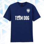 Tails FC Navy blue t-shirt with 'Team Dog' text and logo on a light blue geometric pattern background