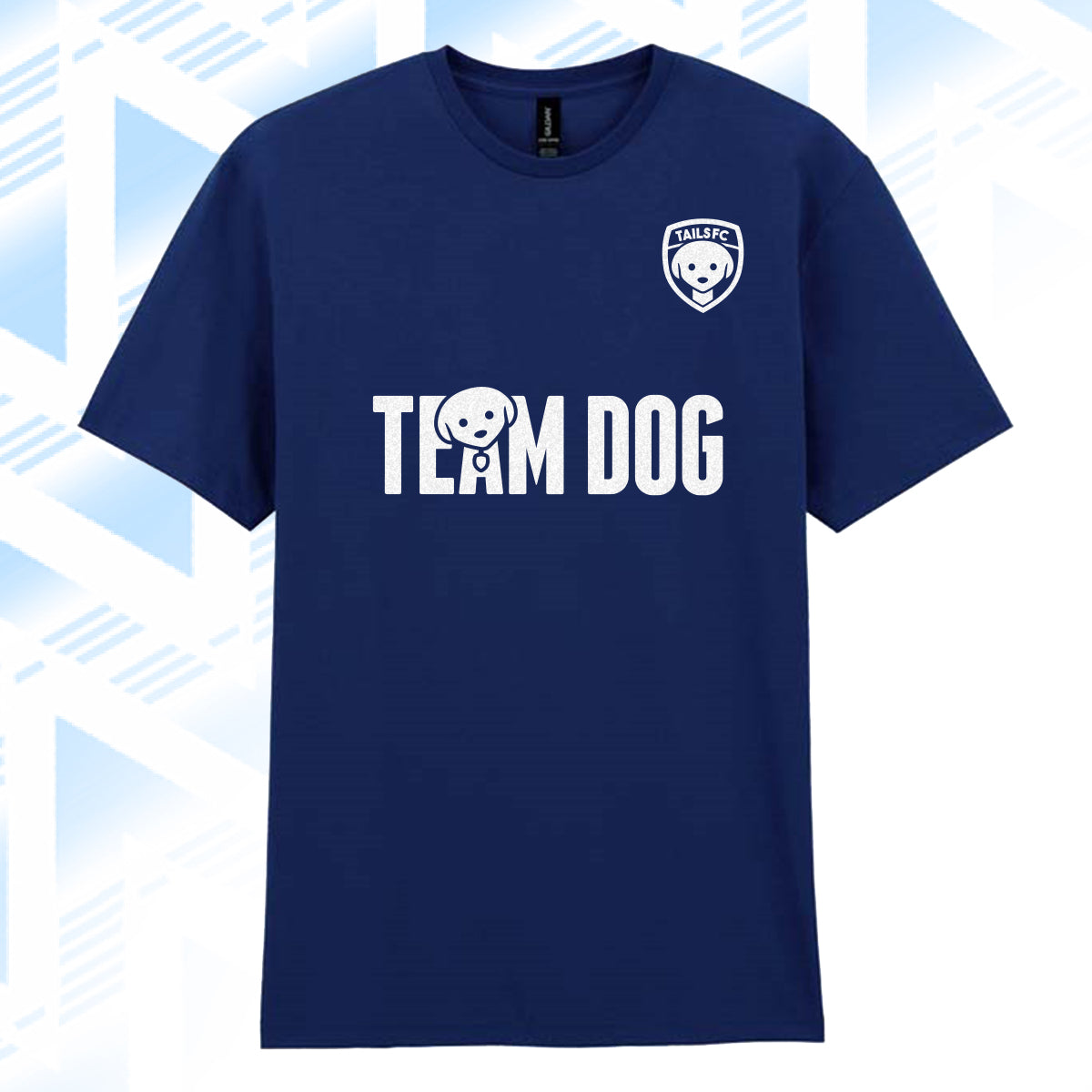 Tails FC Navy blue t-shirt with 'Team Dog' text and logo on a light blue geometric pattern background