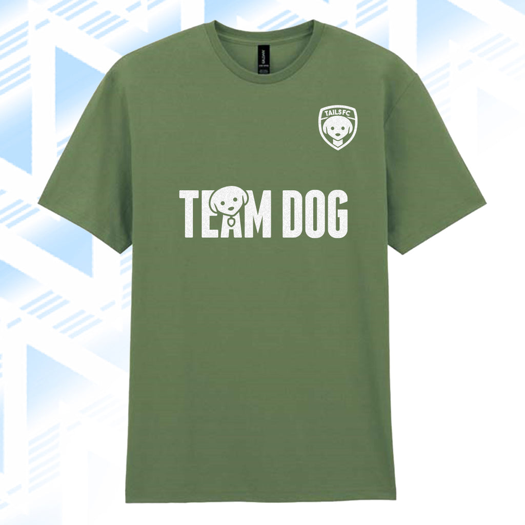 Tails FC Green t-shirt with 'Team Dog' text and logo on a blue and white abstract background