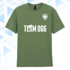 Tails FC Green t-shirt with 'Team Dog' text and logo on a blue and white abstract background