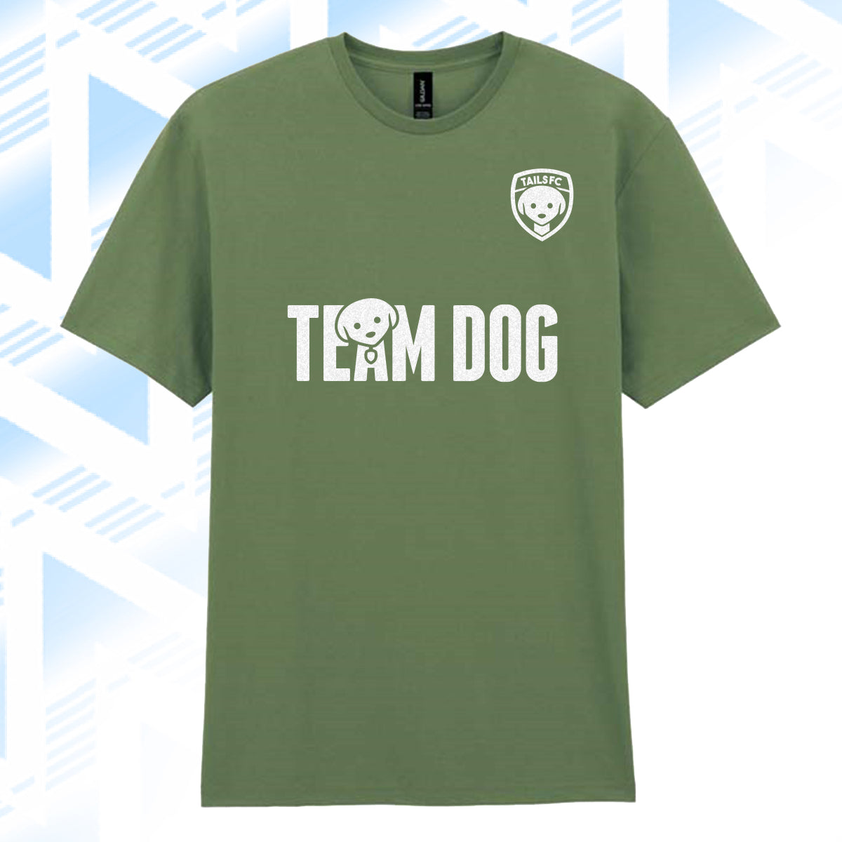 Tails FC Green t-shirt with 'Team Dog' text and logo on a blue and white abstract background