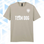 Tails FC Beige t-shirt with 'Team Dog' text and logo on a blue geometric patterned background
