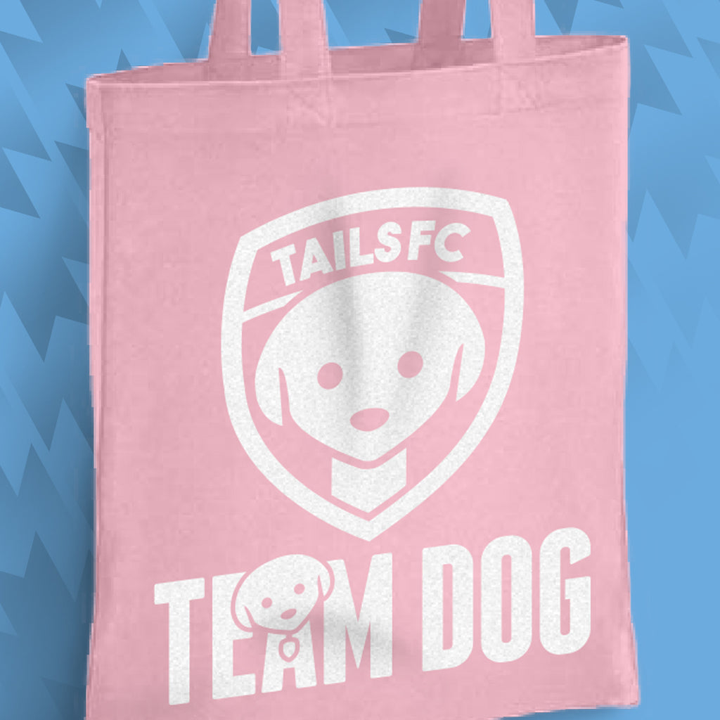 Pink tote bag with 'TAILSFC Team Dog' design on a blue background