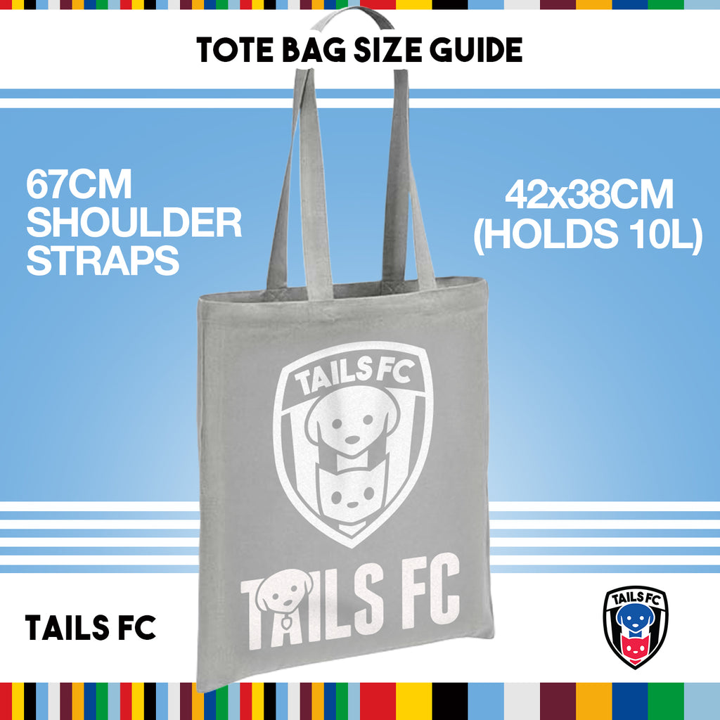 Gray tote bag with TAILS FC logo on a blue background