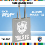 Gray tote bag with TAILS FC logo on a blue background