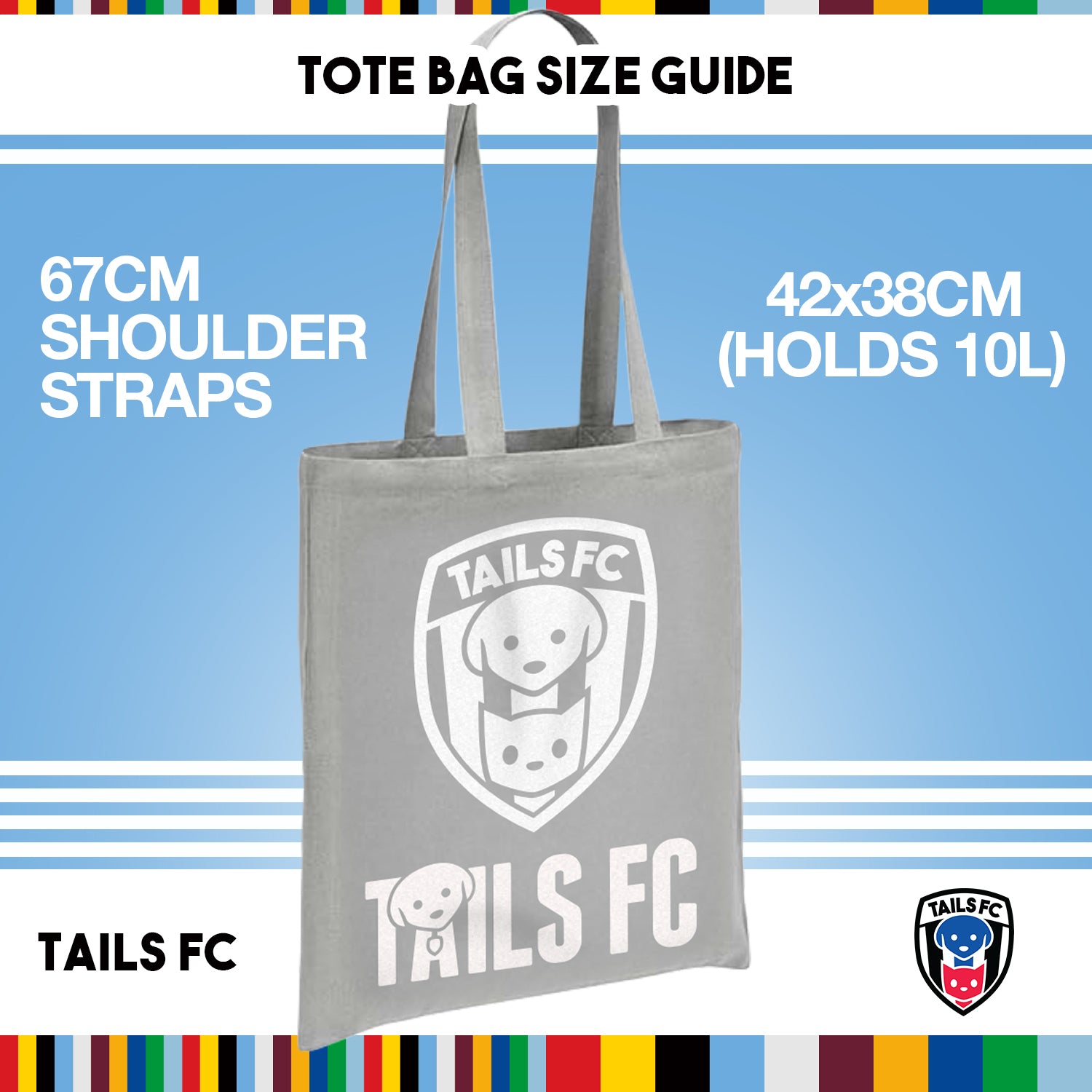 Gray tote bag with TAILS FC logo on a blue background