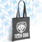 Charcoal tote bag with 'TAILSFC Team Dog' logo on a light blue background