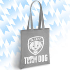 Gray tote bag with 'TAILSFC Team Dog' logo on a light blue background
