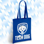 Blue tote bag with 'TAILSFC Team Dog' logo on a light blue background