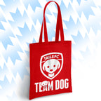 Red tote bag with 'TAILSFC Team Dog' logo on a light blue background
